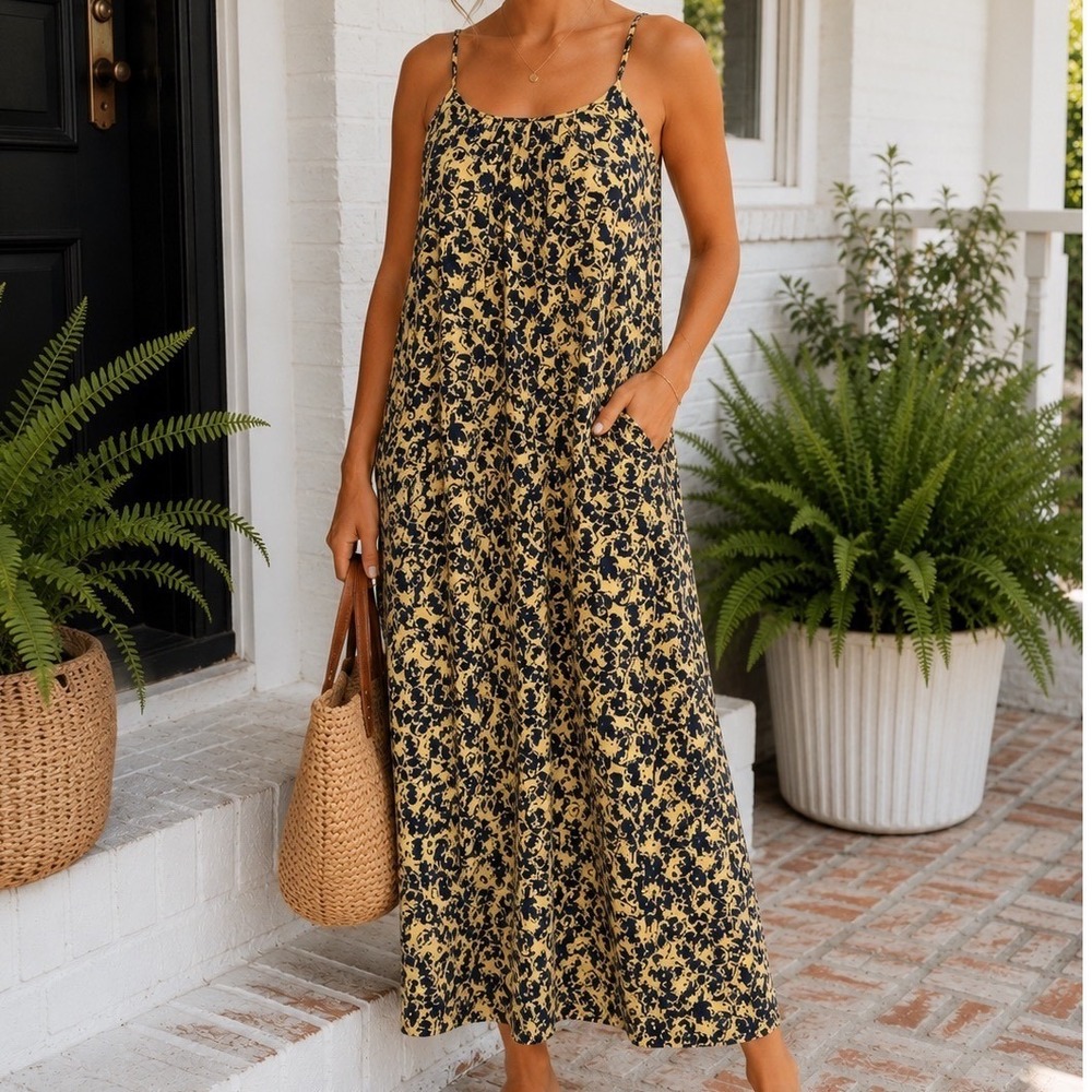 Just Female Opera Dress Yellow Navy Floral Maxi Spaghetti Strap Pockets 38 B7